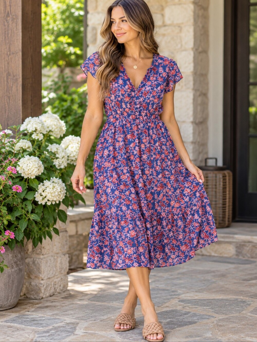 Gap Blue Red Floral V-Neck Short Sleeve Silky Summer Dress Women's Medium M EUC
